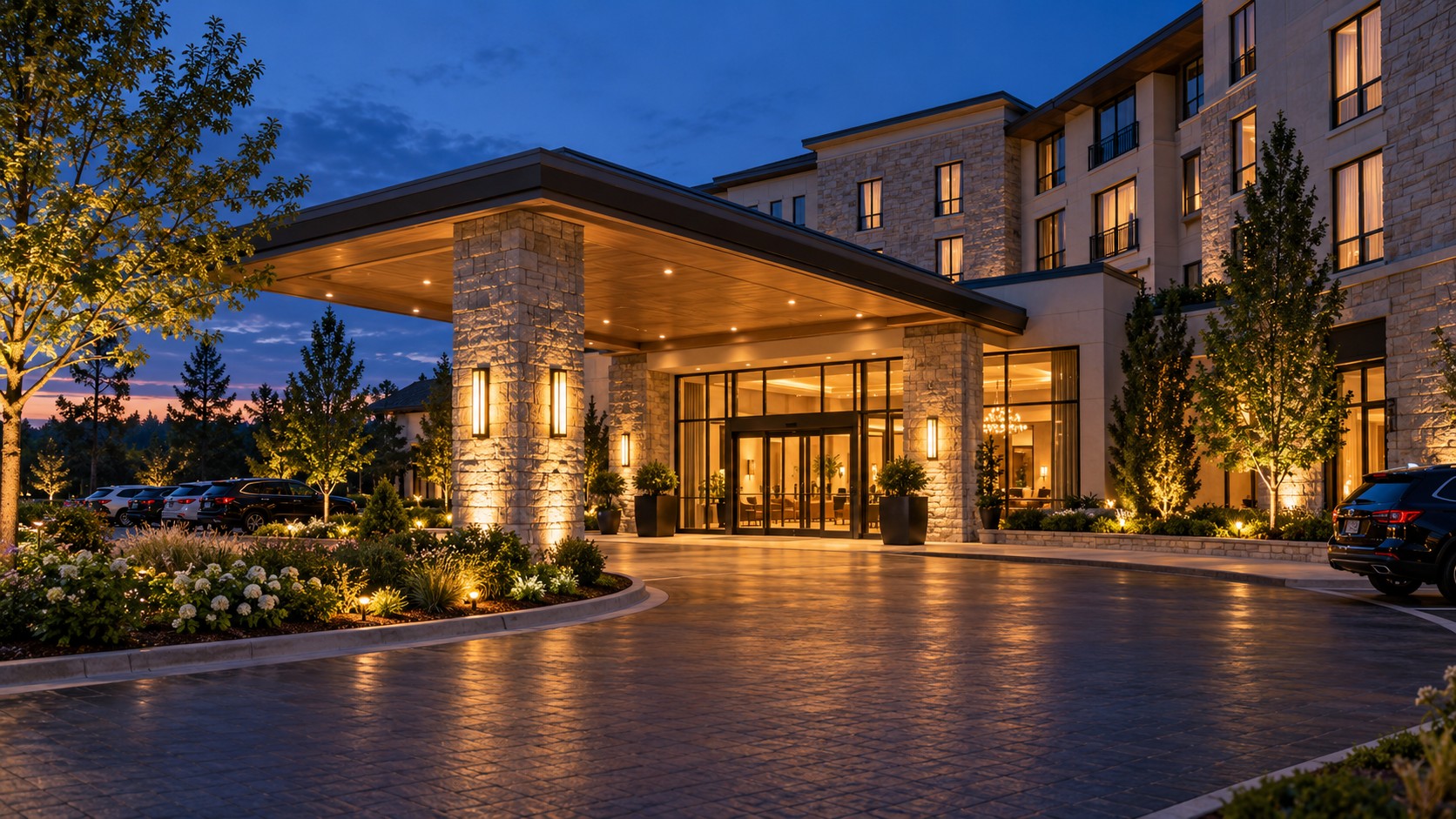 Illustration of a generic upscale hotel entrance with warm lobby lights at dusk.