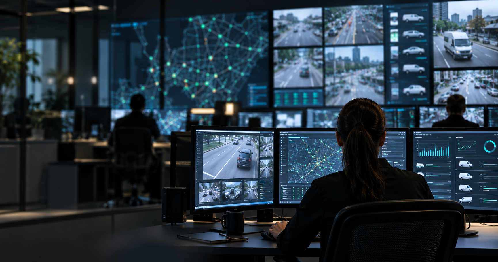 Security operations room with fleet analytics and public-safety video monitoring screens.