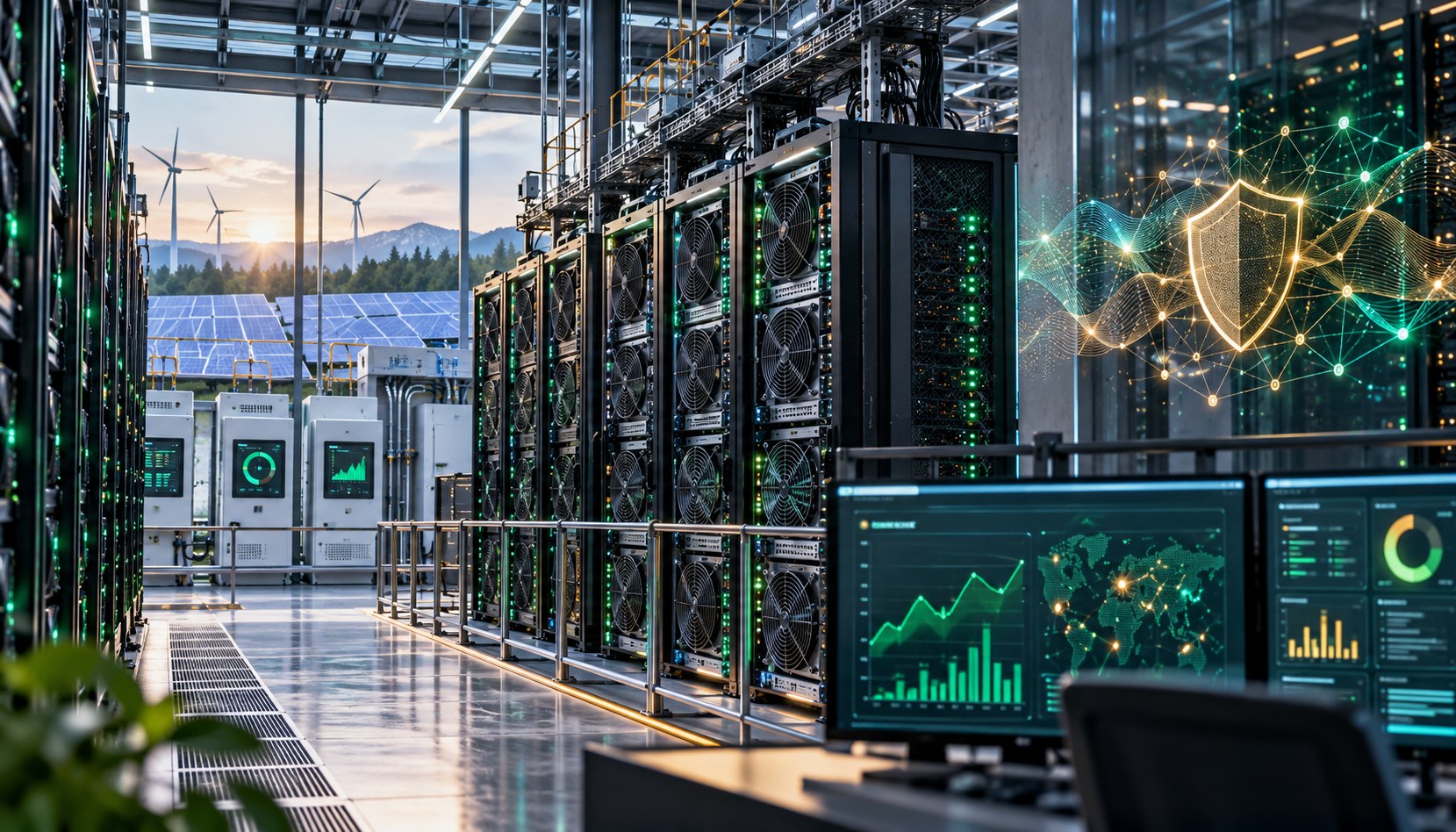 Modern data center mining operation with energy dashboards and secure digital asset monitoring.