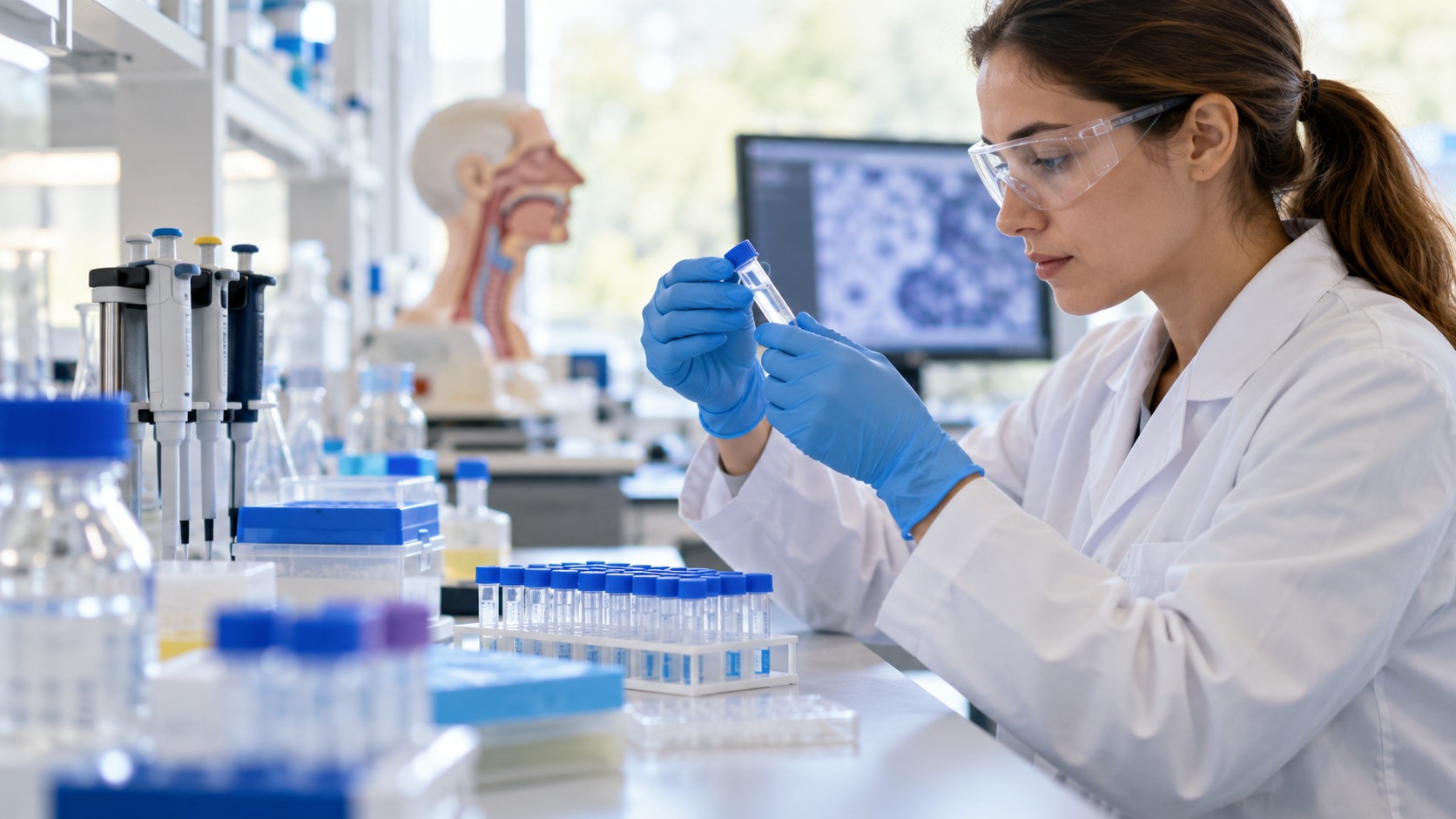 Researcher checking sample vials beside laboratory equipment.