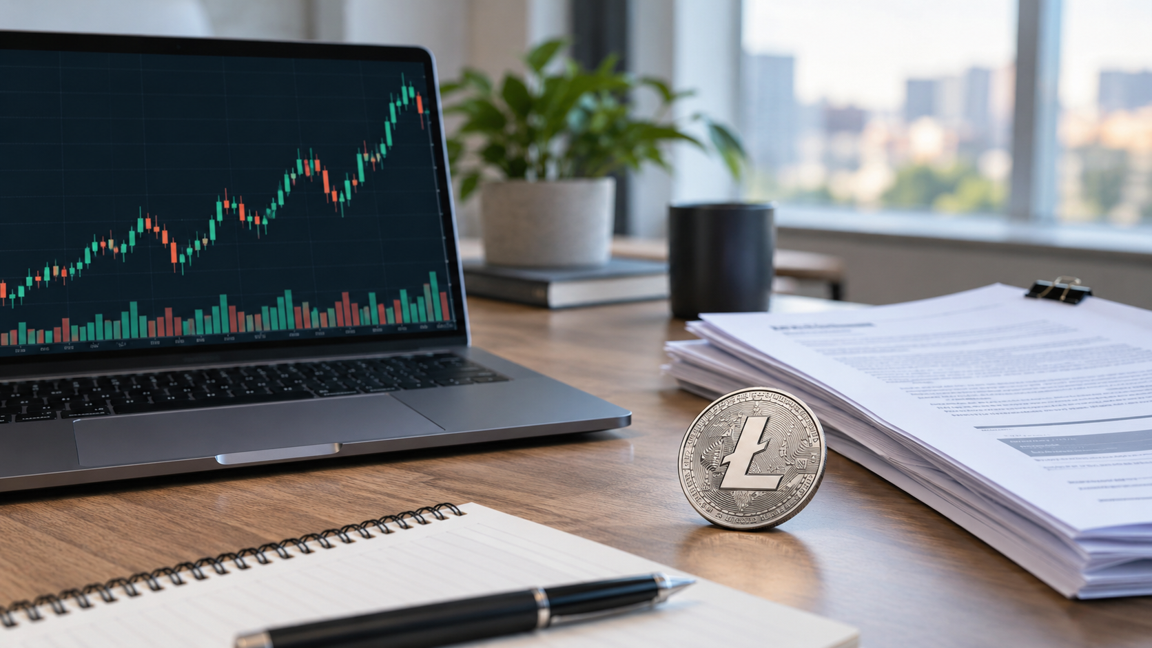 Research desk with market chart, SEC filing pages, notebook, and a Litecoin-style coin.