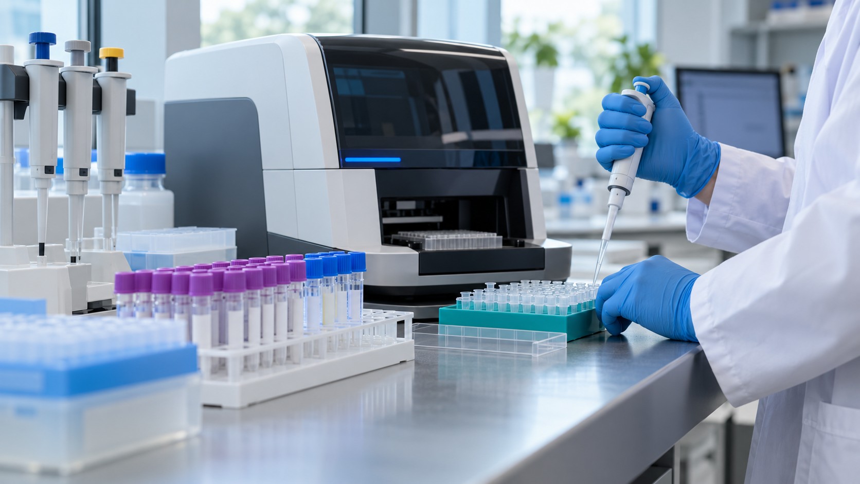 Illustration of a technician using a pipette beside specimen tubes and diagnostic laboratory equipment.