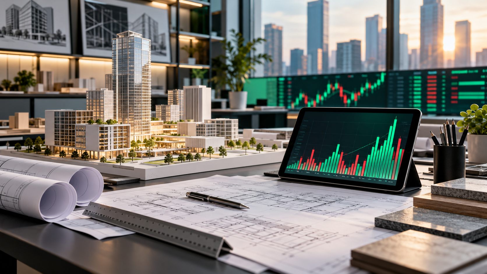 Architecture studio workspace with building model, plans, and market volume bars on a tablet.