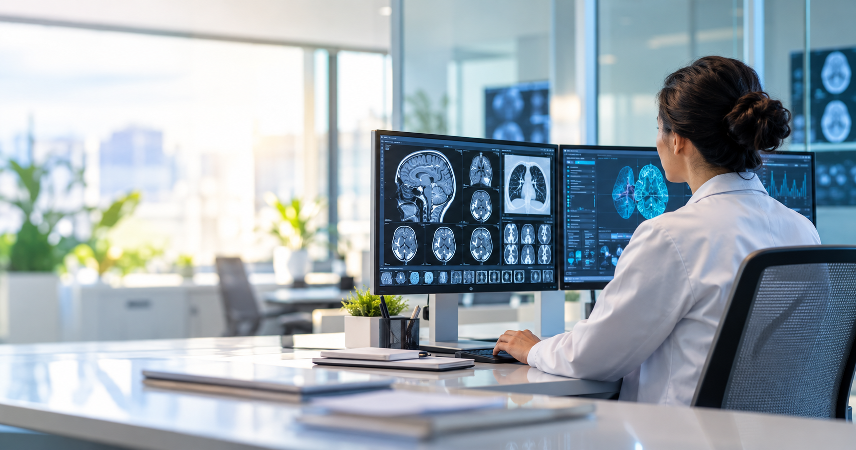 Healthcare data office with medical imaging and analytics monitors.
