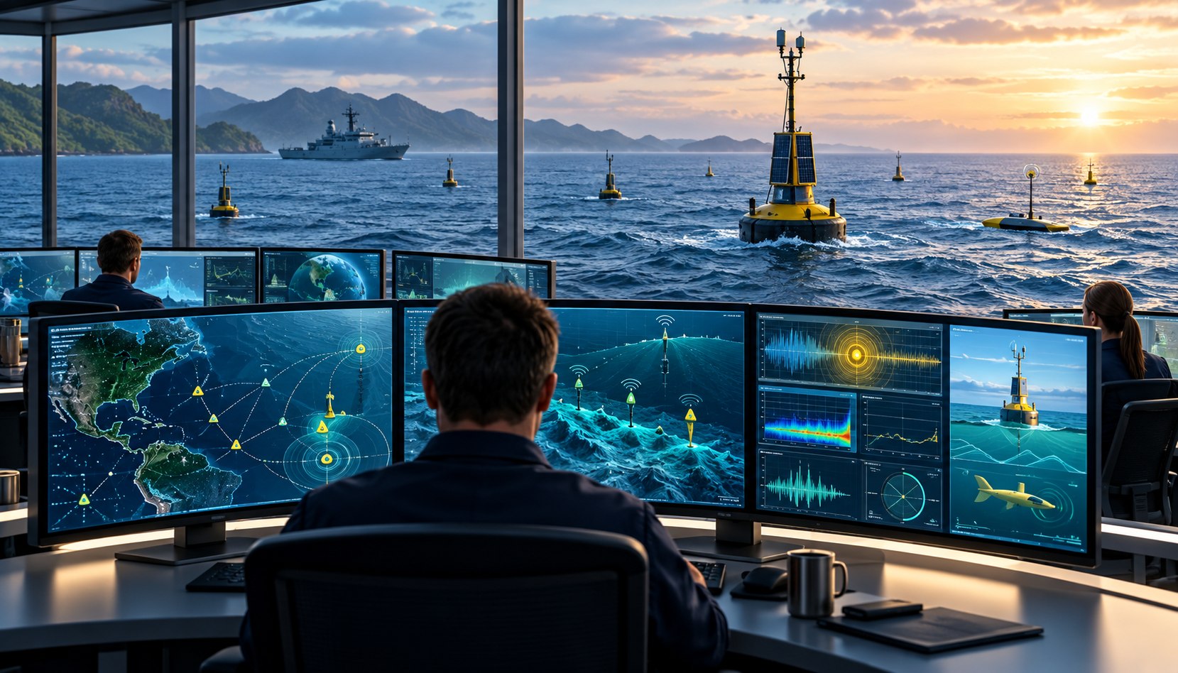 Ocean monitoring operations room with marine sensor buoys and oceanographic data screens.