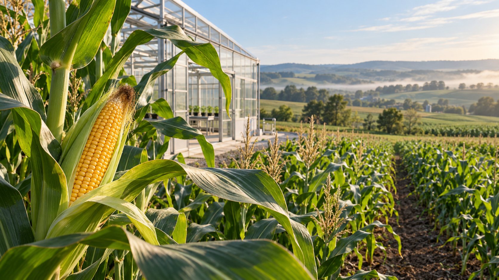 Corn plants beside a greenhouse overlooking agricultural fields.
