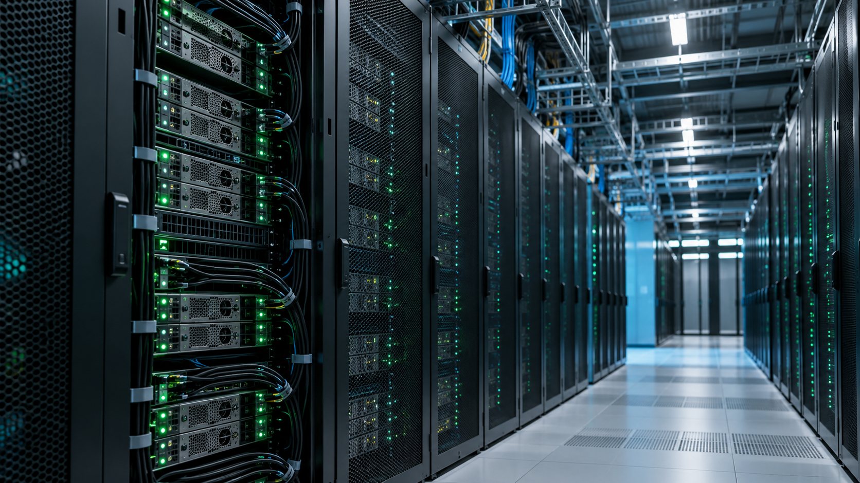 GPU server racks with green status lights and an illuminated data-center aisle.