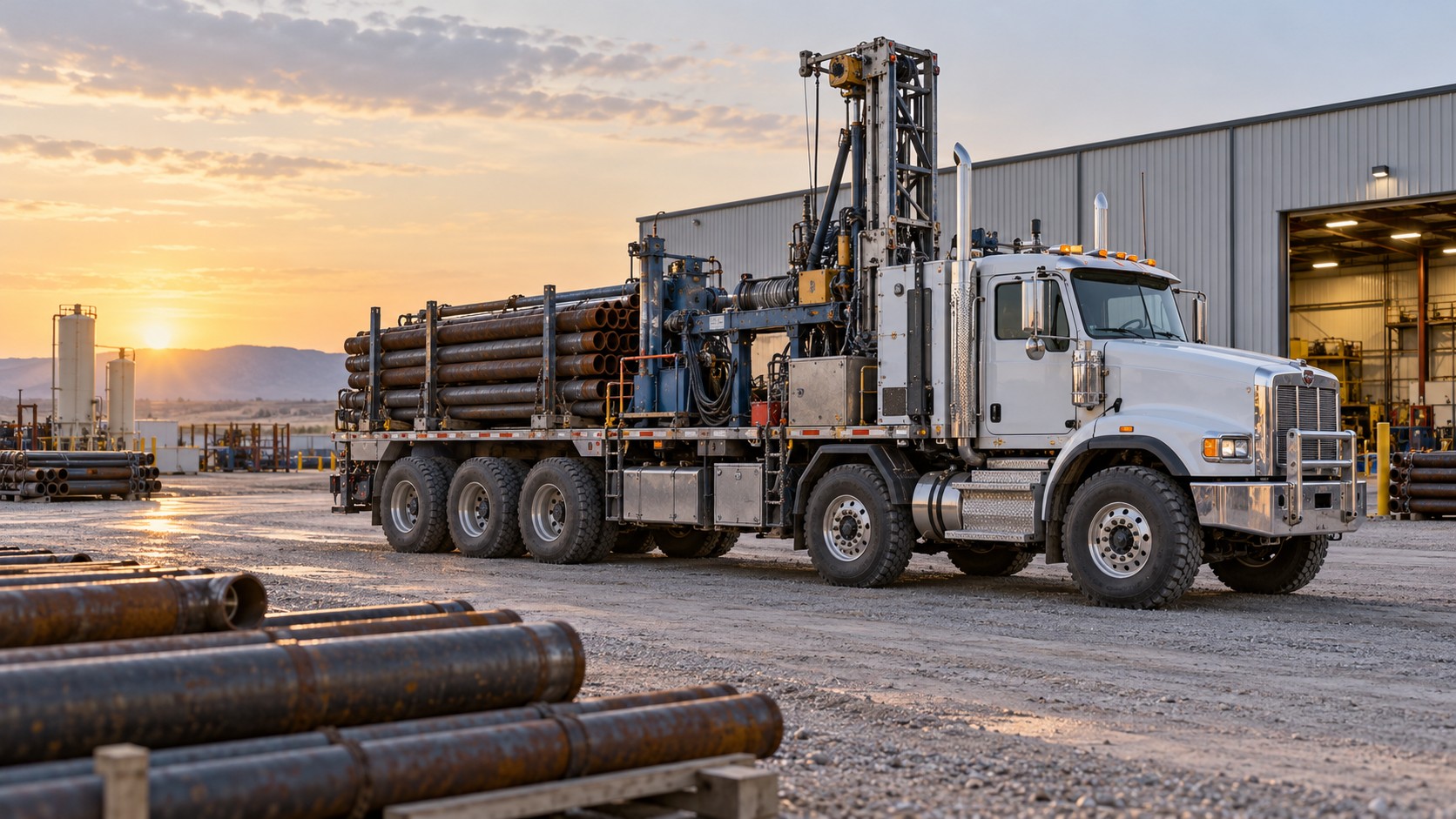 Illustration of a generic well-service truck and maintenance rig outside an industrial warehouse.