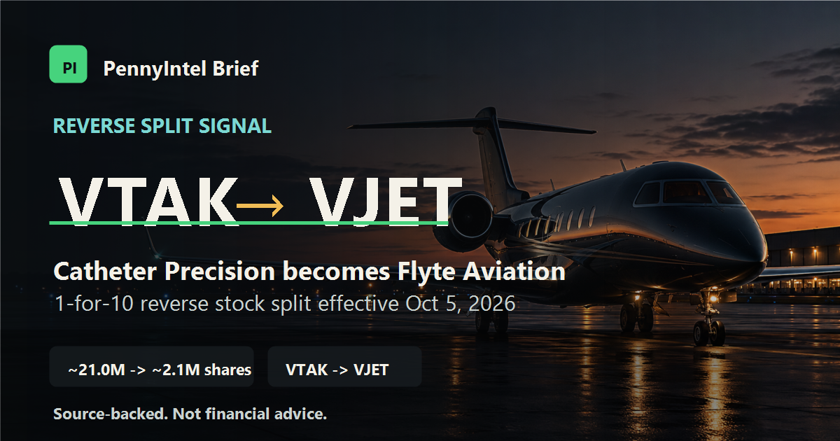 VTAK to VJET reverse split summary showing the 1-for-10 split and share count change from about 21.0 million to about 2.1 million shares.